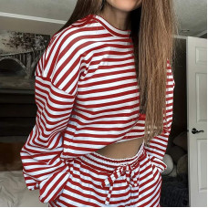 Women's Solid Color Minimalist Striped Pajama Set with Dual-Pocket, Adjustable Drawstring Long Trousers 