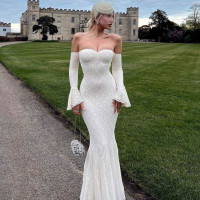 Women's fashionable and sexy flared sleeve strapless one shoulder dress with mesh lace fishtail skirt