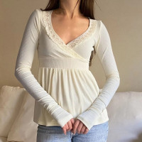 New Long Sleeve Lace Trimmed Wrap Blouse Womens Clothing Club Street Style Hot Sale S M L